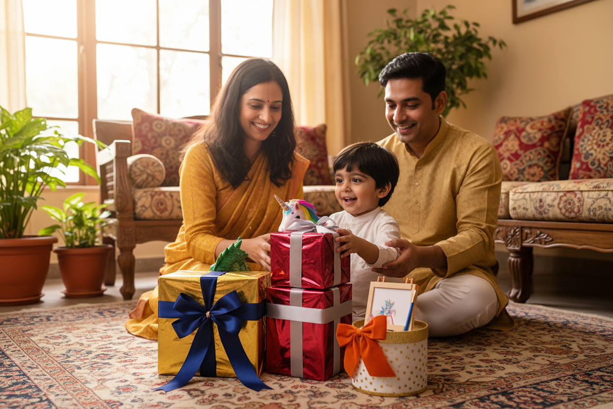 A realistic image of Indian parents gifting their young child (age 2–6) beautifully wrapped gift boxes that contain fantasy play and creative growth toys. Focus mainly on the gift boxes with minimal toy visibility—just subtle hints like colorful edges or playful patterns. Show a warm, joyful family moment as the child receives the gifts. Soft natural lighting, cozy Indian home setting, warm tones, and a clean e-commerce banner aesthetic.