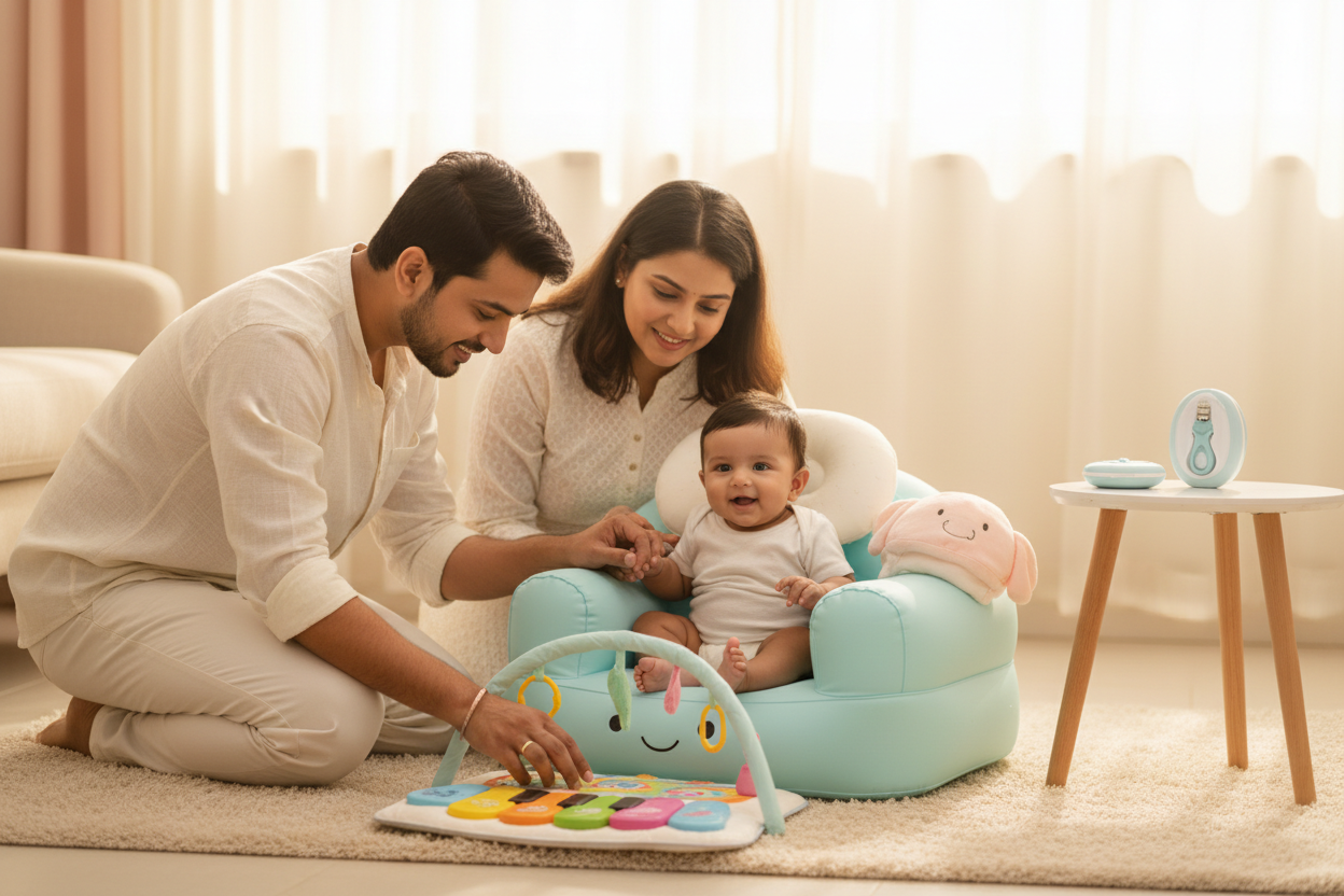 Create a warm Baby Care scene featuring Indian parents lovingly caring for their baby. Show realistic versions of the products: an inflatable cuddly baby sofa, a piano activity play mat, a baby nail trimmer kit, a soft baby head protector cap, and a head-shaping pillow. No extra toys, no gift boxes, and no text. Use soft pastel backgrounds and natural lighting to create a safe, nurturing, trustworthy feeling.