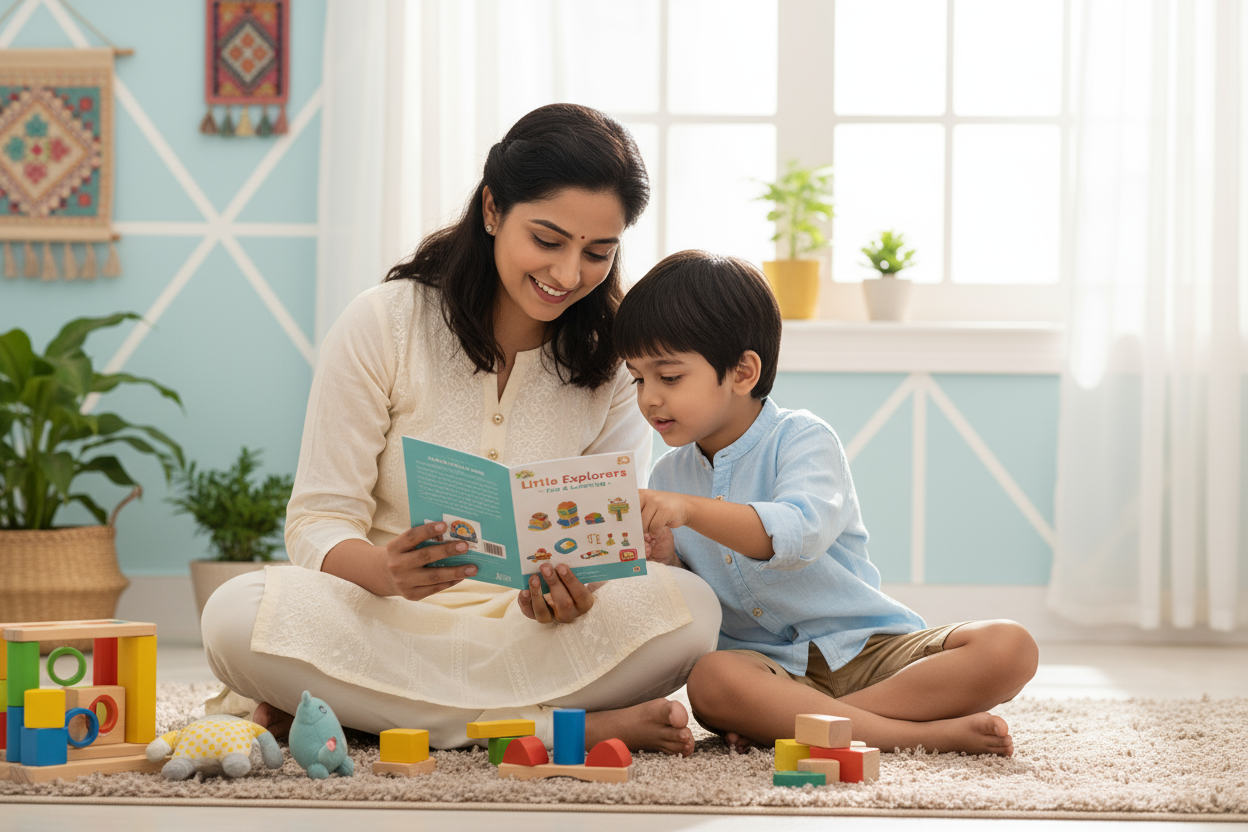 Full-HD realistic photo of an Indian mother and her young child sitting together on the floor at the same level, looking at an educational toy or product information booklet, bright cozy Indian home interior, soft natural daylight, pastel background, warm and trustworthy family atmosphere, professional lifestyle photography, kids brand theme