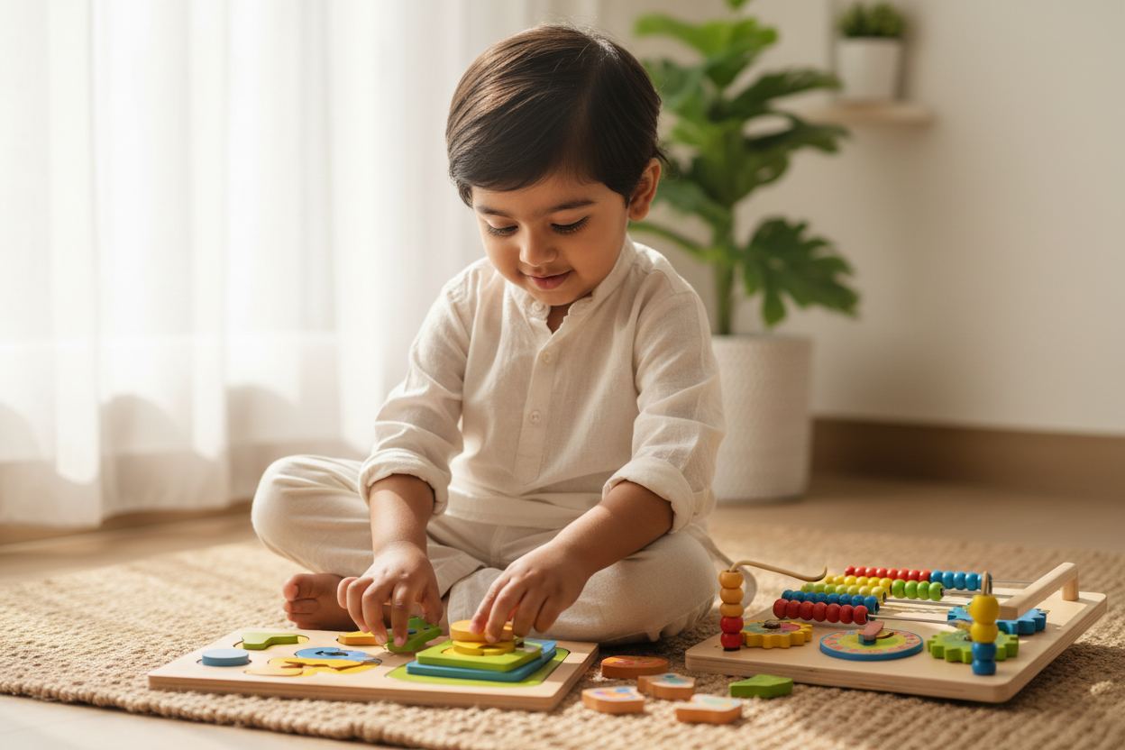 High-quality realistic image of an Indian child (age 2–5) solving a wooden puzzle, STEM activity, or educational learning board. Bright, cheerful environment with clean textures and neutral background. Focus on concentration, curiosity, and hands-on learning. E-commerce style composition.