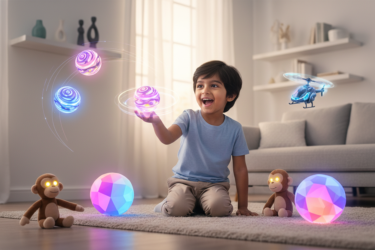 Realistic image of a young Indian child (age 3–5) playing with fantasy-inspired toys like flying LED balls, sensor helicopters, bouncing sphere ball, or interactive monkey character toys. The scene should feel magical, imaginative, and fun with soft glowing effects, vibrant colors, and a clean indoor background. The child should look excited and creative, capturing the spirit of fantasy play and growth. High-quality, e-commerce banner style.