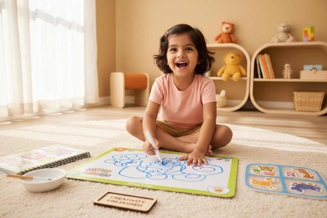 Realistic photo of a young Indian child (age 3–5) happily creating art using mess-free toys like a magic doodle mat, reusable stickers, or water reveal coloring books. Bright, clean background with soft natural light. Minimalistic room, warm colors, no scattered mess. High-quality product-focused composition suitable for an e-commerce banner.